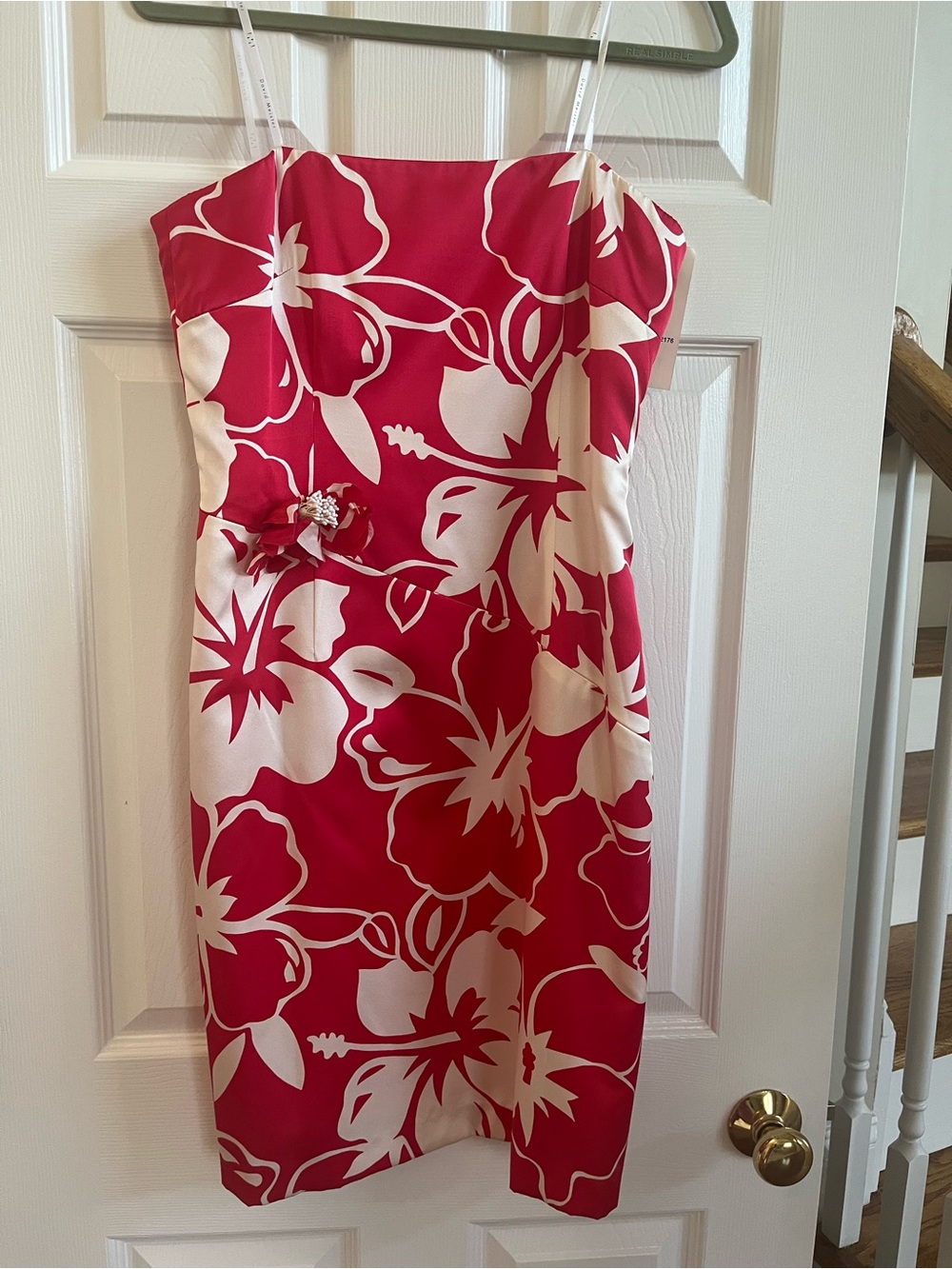 David Meister Red and White Floral Silk Strapless Summer Dress